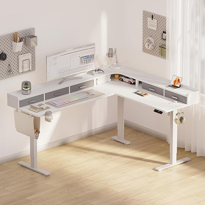 WALKINGDESK 75 Inches Height Adjustable L Shaped Standing Desk with 5 Drawers and Monitor Shelf, Electric Sit to Stand Home Office Comupter Table, Ergonomic Corner Gaming Desk, White