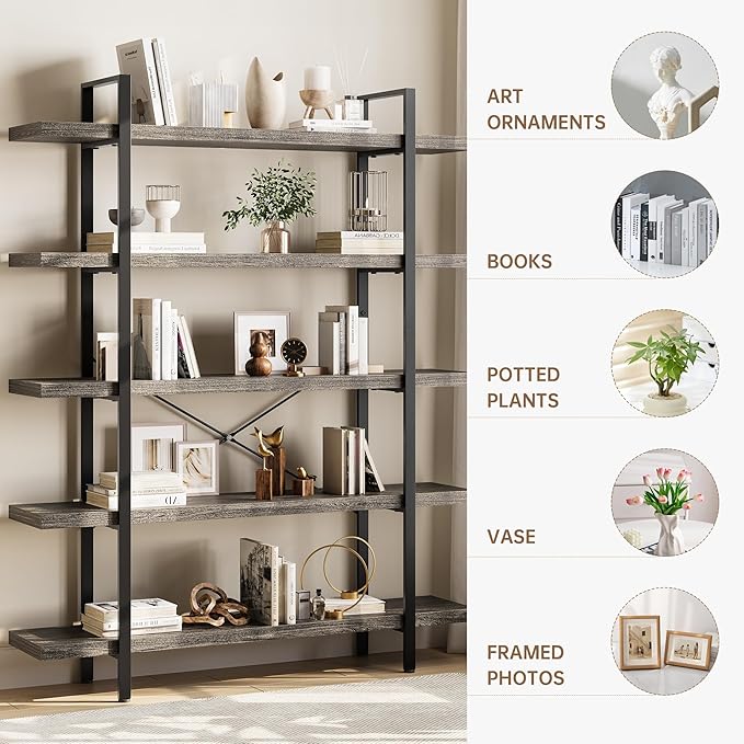 OtterOasis Bookshelf Set, Heavy Duty 5-Tier Industrial Bookcase, 47" Wide Wood Bookshelf for Home Office, 120lbs Shelf Capacity, Rustic Open Display with Horizontal Shelf for Living Room Bedroom, Grey