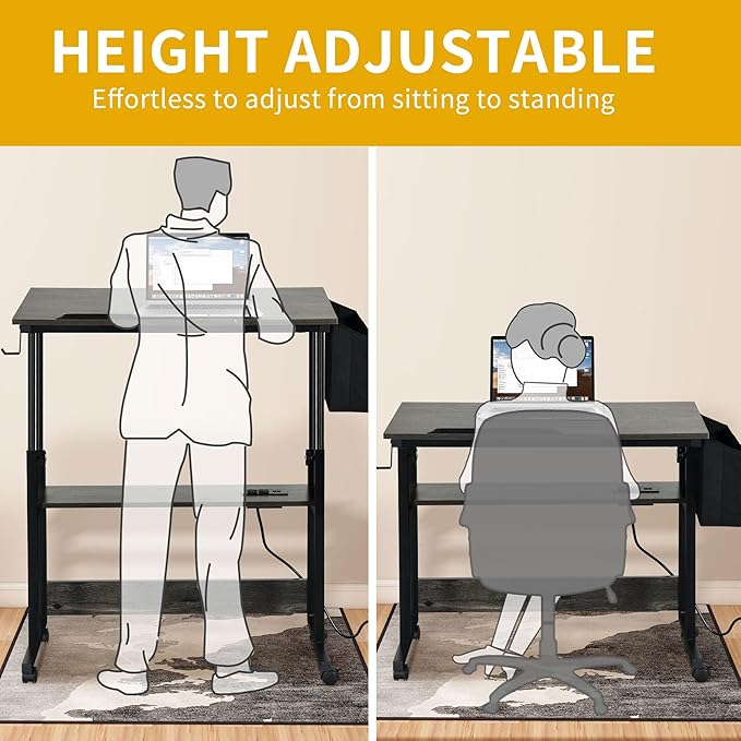 DWVO Height Adjustable Drawing Desk with Charging Station & Wheels, Rolling Craft Table with Tilting Top Tabletop and Storage Bag, Small Standing & Sitting Laptop Computer Desk (Grey)