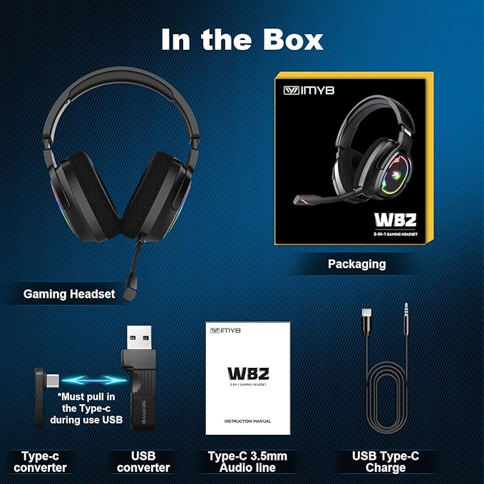 IMYB W82 2.4Ghz Wireless Gaming Headset for Nintendo Switch丨OLED丨Lite, Bluetooth 5.4 Gaming Headphones with Noise Cancelling Microphone, 40Hr Battery, USB & Type-C Connector for PS5, PS4, PC, Laptop