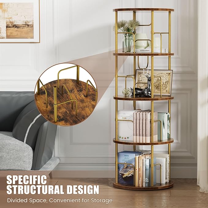 Flycity 4 Tier Rotating Bookshelf, 360° Corner Bookshelf Tower, Round Revolving Bookcase with Special Visible Partition Storage, Narrow Book Shelf Organizer for Living Room, Small Space, Gold