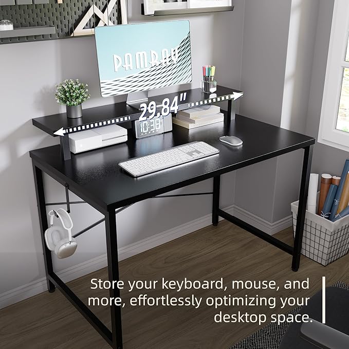 Pamray 32 Inch Small Computer Desk with Monitor Stand, Simple Office Desk with Headphone Hook for Small Spaces, Kids Study Writing Table for Bedroom, White