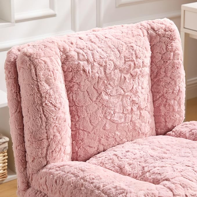 Goujxcy Desk Chair with Thickened seat Cushion, Modern Faux Fur Upholstered Home Office Chair, 360° Swivel Armless Desk Chairs, 120°Rocking Ergonomic Computer Task Vanity Chairs, Pink