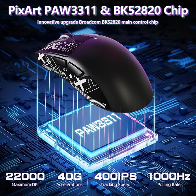 MAMBASNAKE Attack Shark X11SE Lightweight Wireless Gaming Mouse, Tri-Mode 2.4G/USB-C Wired/BT, 22K DPI, PAW3311 Optical Sensor, 59g, 5 Programmable Buttons, 300mAh Battery for PC/Mac(Black-Griptape)