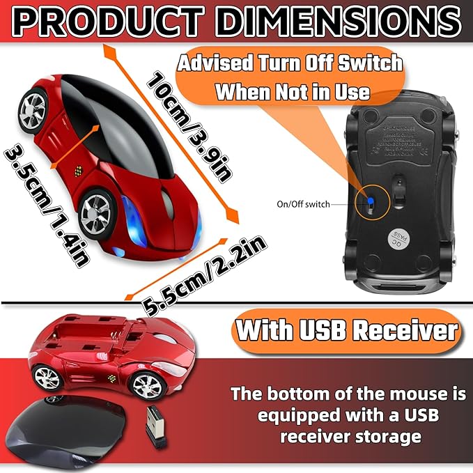 HuGuWdy Cute Mouse Wireless Red，2.4G with USB Reciver 1600DPI Car Mouse for Computer Wireless USB for Laptop Computer Tablet for Windows for Mac OS for Her for Christmas（Red）