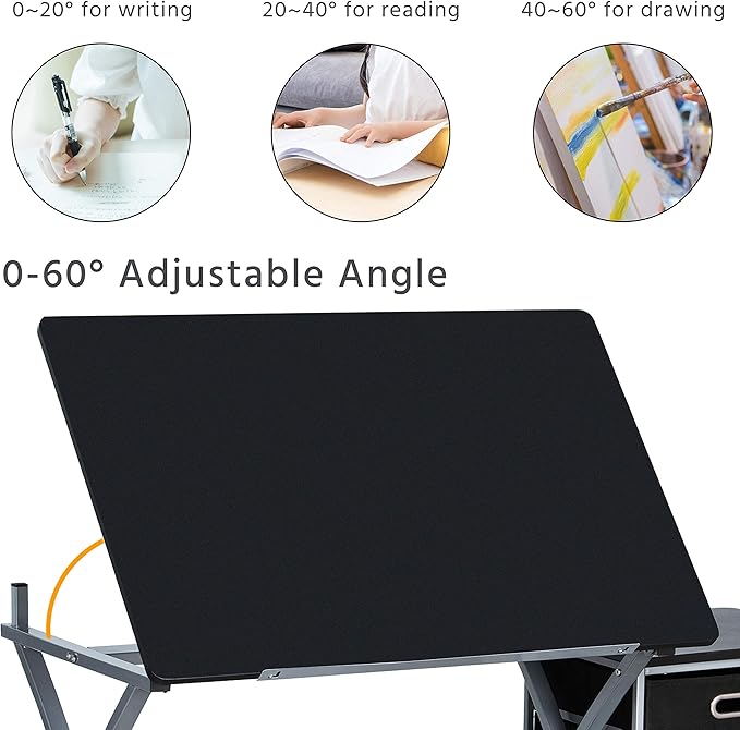 Topeakmart Drafting Tables, Draft Drawing Desk w/Stool and Tiltable Tabletop, 3 Storage Drawers, Reading, Writing Art Crafting Workstation, Black