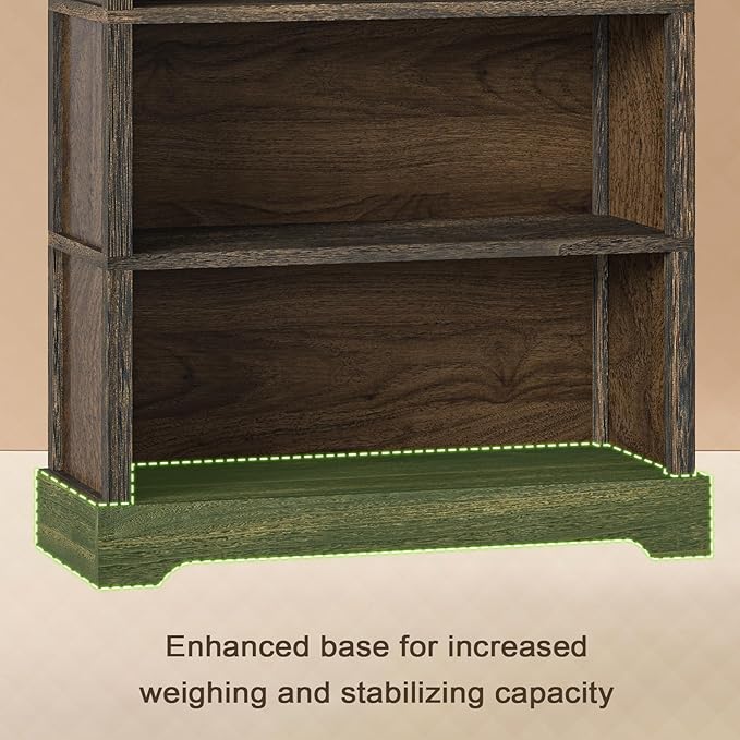 TVU 5-Tier Solid Wood Book Shelf, Floor Standing Bookcase, 65" H × 31.5" W × 11.8" D Bookshelf, Farmhouse Style Book Case with Arched Base, Suitable for Living Room, Study, Office, Walnut