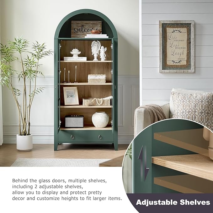 Tall Arched Cabinet, Modern Farmhouse Wooden Display Cabinet with Glass Doors, 70" 6 Tier Bookshelf w/Adjustable Shelves for Living Room, Office, Green
