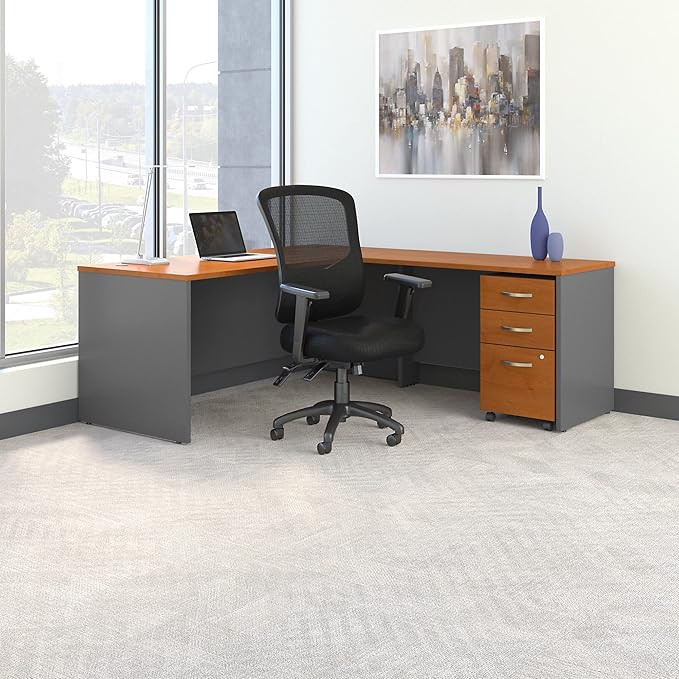 Bush Business Furniture Series C 72W L Shaped Desk with Mobile File Cabinet and High Back Multifunction Office Chair in Natural Cherry