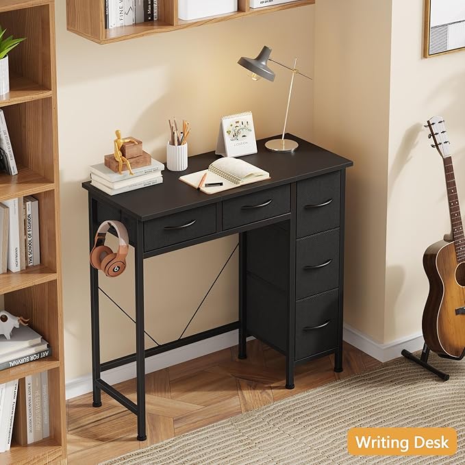 HIGDBFE Small Desk with 5 Fabric Drawers, 33 Inch Writing Desk for Home Office, Simple PC Desks for Small Place, Kids Girls Teen Study Table Vanity for Bedroom, Dorm, Black, 14" D