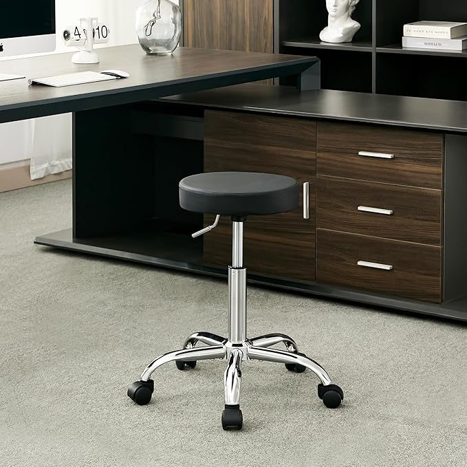 FIRAVOE Rolling Office Stools, Adjustable Drafting Stool on Wheels 19.5"-26.6", Black Ergonomic Office Chair (Black)