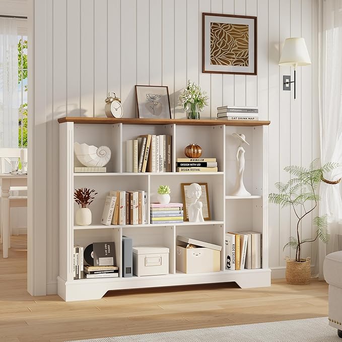 10-Cube Storage Organizer Bookshelf, 4-Tier Wooden Bookcase with Adjustable Shelf, Sturdy Cube Storage Shelf for Small Spaces, Modern Low Profile Shelving Unit for Living Room & Bedroom