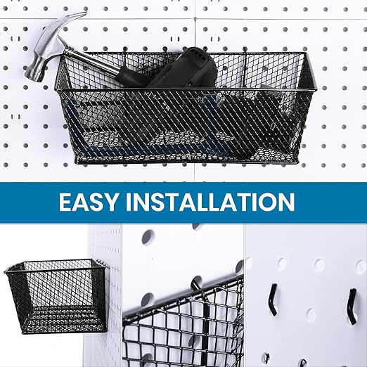 Sieral 4 Pcs Pegboard Baskets Metal Wire Shelf Baskets Peg Board Organizer Accessories Wall Mount Organizer Attachments for Garage Workbench Various Tool Accessories, 2 Sizes (Black,Large)