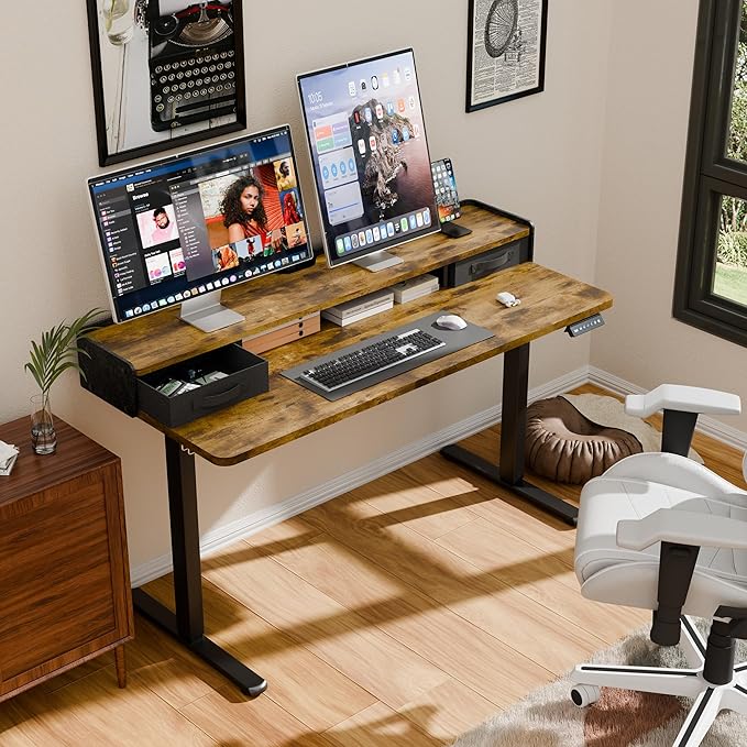 YESHOMY 55" x 23" Electric Standing Desk with 2 Drawers, Height Adjustable Computer Desk, Low Noise Home Office Stand Up Desk with 2 Preset Heights & 2 Hooks, Rustic Brown