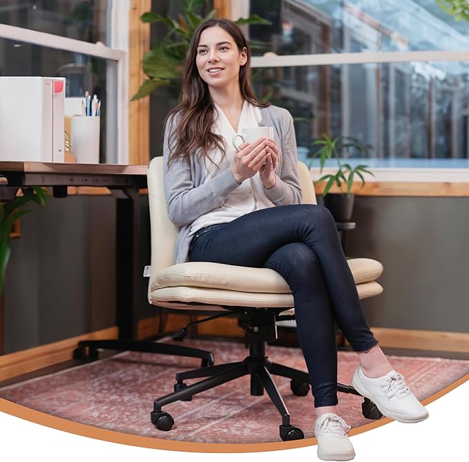 NYPOT Armless Desk Chair with Wheels for Criss Cross Sitting - Cross Legged Wide Armless Chair - Adjustable Vanity 360° Swivel Stool and 120° Rocking Wide Seat Comfy for Home and Office, Color Ivory