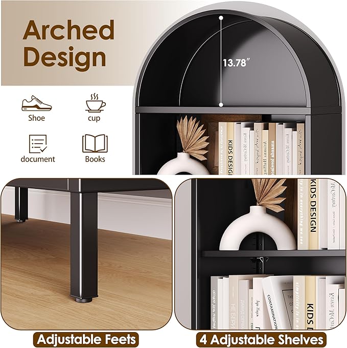 VEXPOR 73" Tall Arched Bookcase Cabinet, 6-Tiers Metal Black Arched Bookshelf for Home Office, Living Room, Assembly Required,13.78" D x 27.56" W x 72.83" H