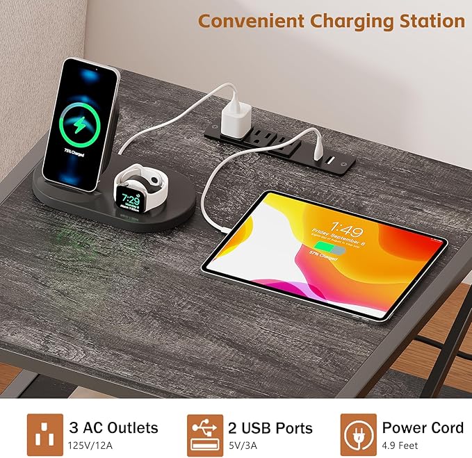 2-Tier Large Priner Stand with Charging Station, 20"×20" Under Desk Printer Table with Power Outlets and USB Ports for Home Office, Heavy Duty Storage Rack for Scanner Fax Machine Heat Press, Grey Oak