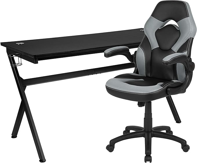 Flash Furniture Gaming Desk and Gray/Black Racing Chair Set/Cup Holder/Headphone Hook/Removable Mouse Pad Top - 2 Wire Management Holes