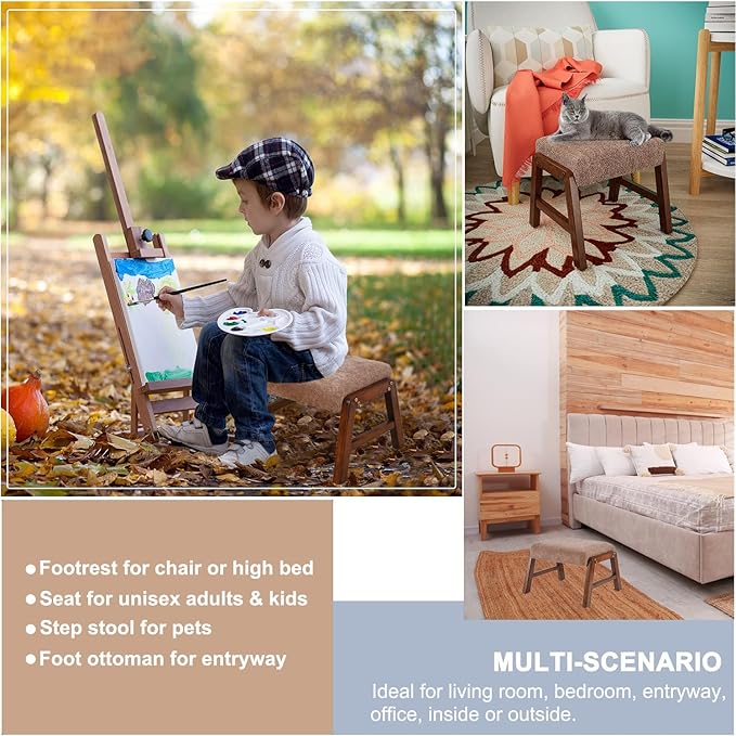 Small Footstool Ottoman, 11.8" H Fabric Wooden Foot Rest Ottoman with Wood Legs, Small Foot Stool Sofa Footrest Extra Seating for Living Room Entryway Office, Apricot