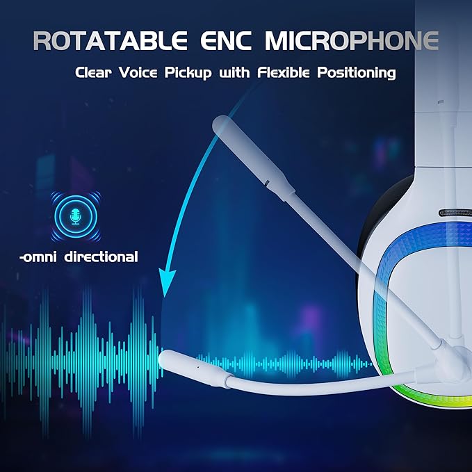 2.4Ghz Wireless Gaming Headset for PS5, PS4, PC, Mac, Bluetooth 5.4 Gaming Headphones with Noise Canceling Mic, 70H Battery, Surround Sound, Lay-Flat & Foldable - RGB White