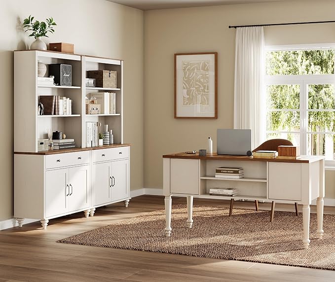 WAMPAT Home Office Furniture Set, 56" Executive Desk with Charging Station, 72" Tall Bookcase with 4 Doors and 2 Drawers, Wood Computer Desk with File Cabinet Storage, Open Shelf, White