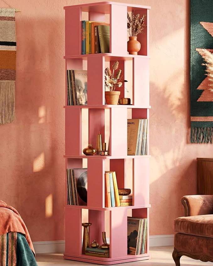 Foxemart 5-Tier Rotating Bookshelf Tower, 360° Spinning Modern Book Storage Bookcase, Stable Display Corner Book Shelf for Kids Room, Living Room, Bedroom, Home Office, Pink