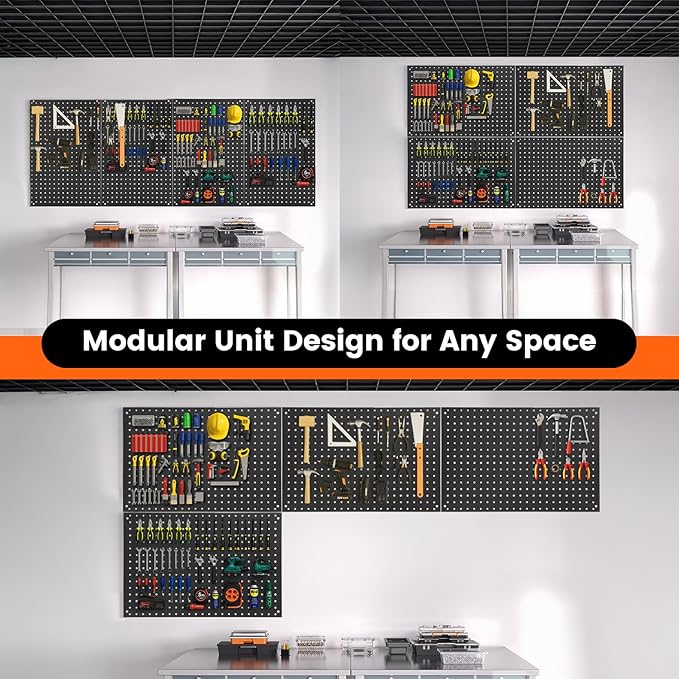 ENJOYWOOD Pegboard, 4 PCS 24"×16" Metal Peg Board Panels Black Modular Wall Organizer Kit with 40 Hooks, Dual-Size Hole Design for Home Tool Storage, Garage Organization, Kitchen, Office, Craft Room