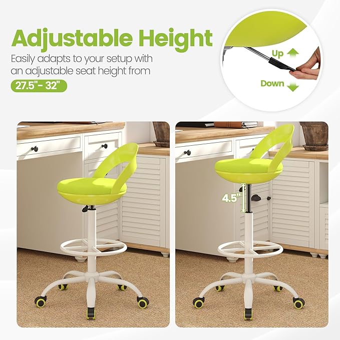 Giantex Drafting Chair Set of 2 with Back, Tall Office Chair with Footrest & Adjustable Height, Ergonomic Standing Desk Chair for Counter Height Desk, Home Kitchen, Green