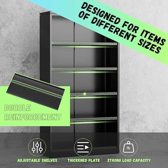 SUNCROWN 72" Metal Storage Cabinet - Heavy-Duty Metal Garage Cabinet with 4 Adjustable Shelves & 2 Doors for Tools, Office, Home, Workshop,Black & Green