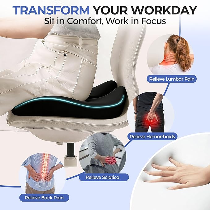 Seat Cushions for Office Chairs & Car, Ergonomic Memory Foam Seat Cushion with Breathable Holes for Tailbone Pain Relief, Sciatica
