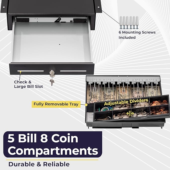 Volcora Cash Register Drawer with Under Counter Mounting Bracket - 16" Black Drawer for POS, 5 Bill 8 Coin Compartment, Fully Removable 2 Tier Cash Tray, 12-24V RJ11/RJ12 Key-Lock, Double Media Slot