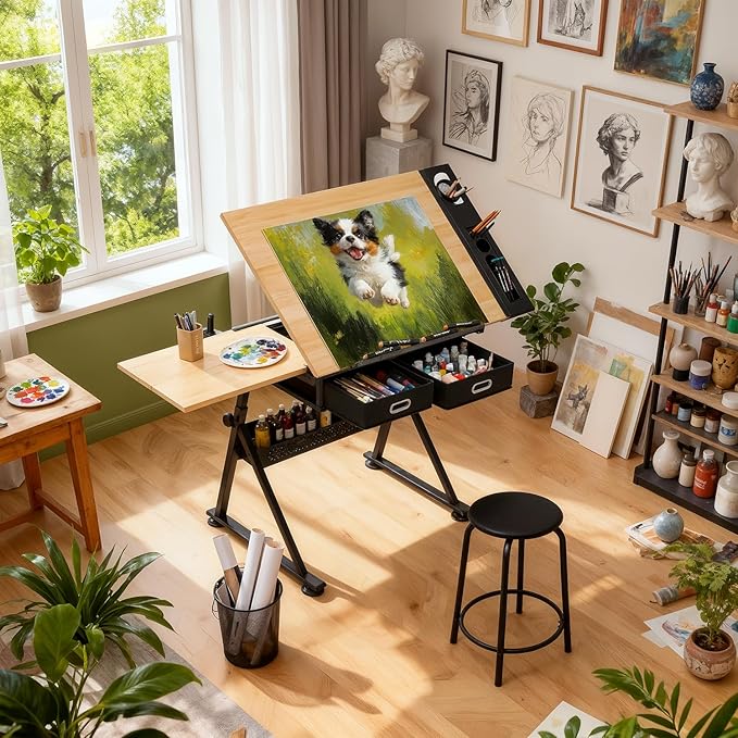 Magshion Professional Drafting Table for Adults w/Stool, Tilting Wooden Tabletop & Adjustable Height, Art Craft Desk Watercolor Painting Sketching Work Station for Studio Home Office School (Natural)