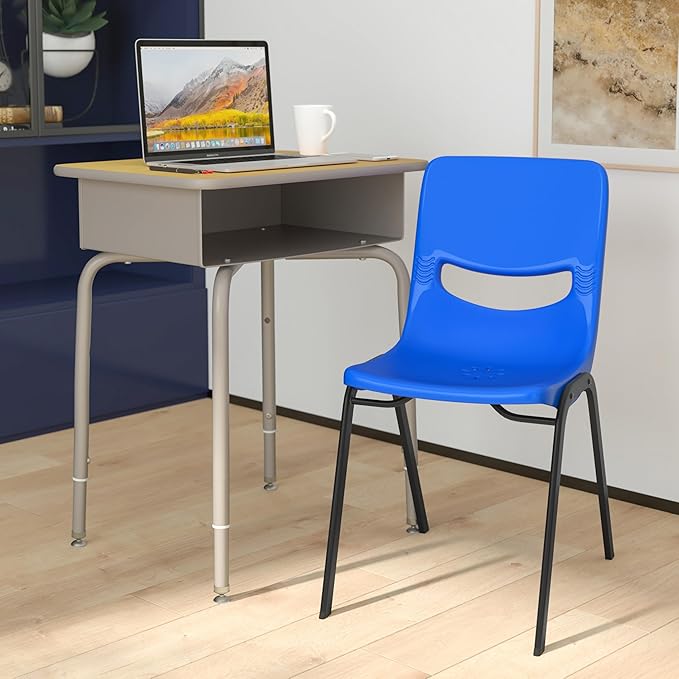 EMMA + OLIVER Jacobs Desk/Stackable Ergonomic Chair Set, Flex Comfort Seat Back, Adjusting Desk Legs, Metal Open Front Storage Box, Maple Desktop/Navy Chair