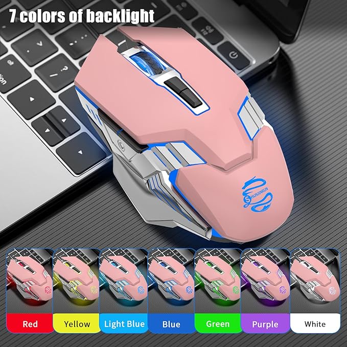 Wireless Mouse Bluetooth, Silent Rechargeable Multi-Device Mouse, BT5.0/3.0 and USB Cordless Computer Mice, RGB Light up Gaming Mice for Laptop PC Mac Macbook Air/Pro iPad Tablet Office Games -Pink