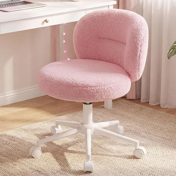 Homkdom Small Round Vanity Chair, Armless Home Office Desk Chairs with Back, Height Adjustable & 360° Swivel, Cute Comfy Vanity Computer Chair for Bedroom, Home Office, Pink