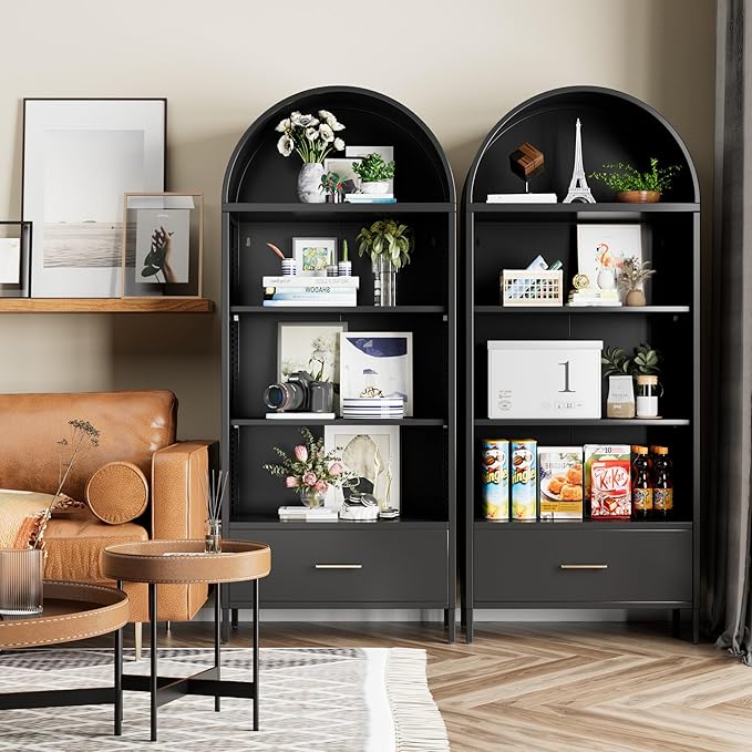 VEXPOR 73" Tall Arched Bookcase Cabinet, 5-Tiers Metal Black Arched Bookshelf with Drawer for Living Room, Home Office, Assembly Required, 15.35" D x 30.71" W x 72.83" H