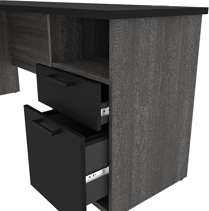 Bestar Norma U or L Shaped Executive Desk with Hutch in Black and Bark Gray, 71W | Large Corner Table for Home Office Workspace or Personal Work Area