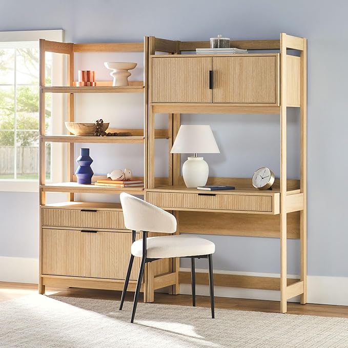Walker Edison Transitional 2-Piece Hutch Desk with Wide Bookcase, Reeded Drawer Fronts, Built-in outlets and USB Ports, Set of 2, Coastal Oak