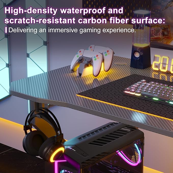 Grandder Gaming Desk Z Shaped 47 Inch Gamer Workstation, Home Computer Carbon Fiber Surface Gaming Desk PC Table with Headphone Hook, Carbon Fiber Grey