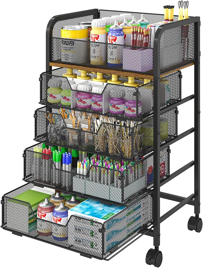 5-Tier Craft Organizer Cart with Wheels-Storage Cart with Drawers,Lockable Wheels Rolling Utility Cart,Makeup Cart with DIY Divider,Office Supply Organizer Storage for Studio,Office Patent Pending