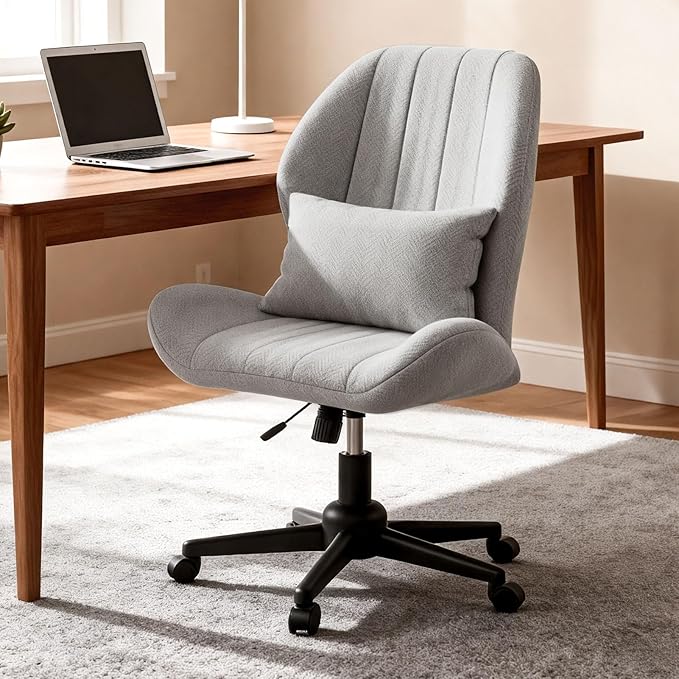 ZZW Criss Cross Chair with Wheels, Wide Cross Legged Office Chair Armless Comfy Desk Chair with Tall Back Vanity Chairs with Stress Relief Curved Design Seat for Bedroom & Office & Home Grey
