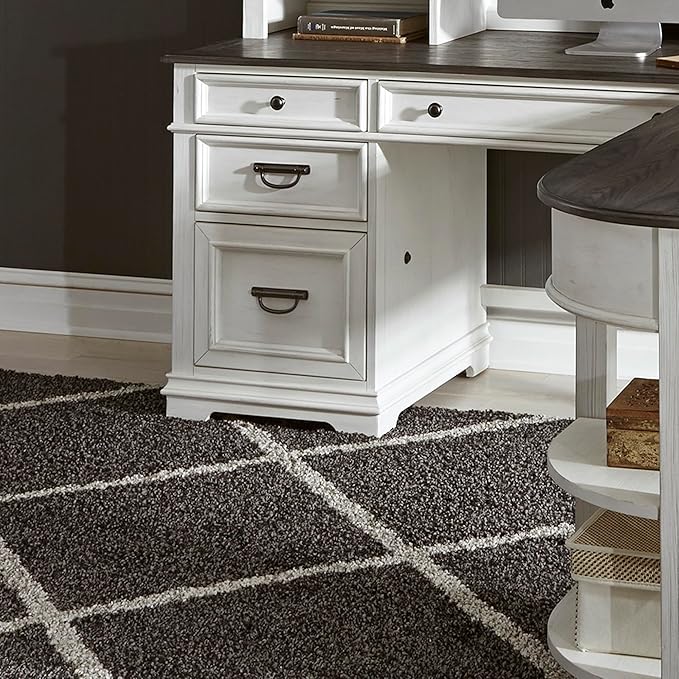 Liberty Furniture Allyson Park Opt L Shaped Desk Set with Locking File Drawer Cottage Home Office Storage - Wirebrushed White, Charcoal Tops Oak Wood
