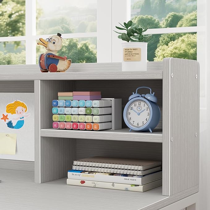 BOLUO Grey Kids Desk and Chair Set for 6-12 Year Old, Children Study Desk with Hutch and Storage Shelf, Student Writing Table with Fabric Drawer for Girls Boys