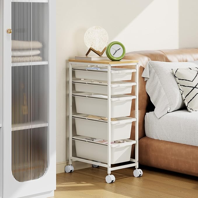 Rolling Storage Cart with 5 Drawers, Craft Organizer, Wooden Tabletop Utility Cart for Bedroom, Children's Room and Office Organization, Table Side Trolley with Lockable Wheels, White
