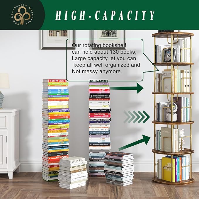 5Tier Rotating Bookshelf, 360 ° Display Stackable Spinning Bookshelf Tower,Round Space Saving Tall Floor Standing Swivel Bookcase Corner Storage Organizer for Bedroom/Living Room/Office，Gold