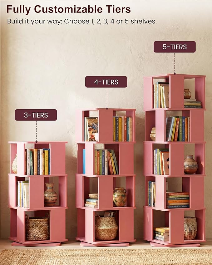 Foxemart 5-Tier Rotating Bookshelf Tower, 360° Spinning Modern Book Storage Bookcase, Stable Display Corner Book Shelf for Kids Room, Living Room, Bedroom, Home Office, Pink
