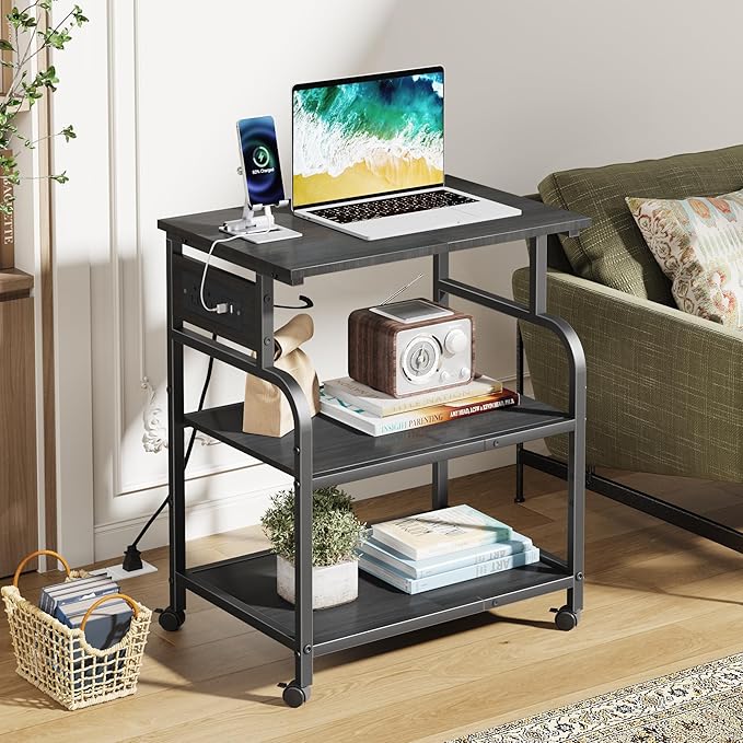 YAOHUOO 3 Tier Large Printer Stand with Power Outlet/Adjustable Storage Shelf, Rolling Cart with Wheels, Printer Table for Home Office 3D Printer/Heat Press/Laster, 22"×15" Black