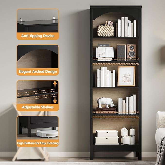 Arched Set of 2 Bookshelf with 5 Tier Open Shelves, 71" Tall Wood Bookcase with Adjustable Shelves, 24" Wide Floor Standing Display Storage Shelf for Home Office, Kitchen, Living Room, Modern Black