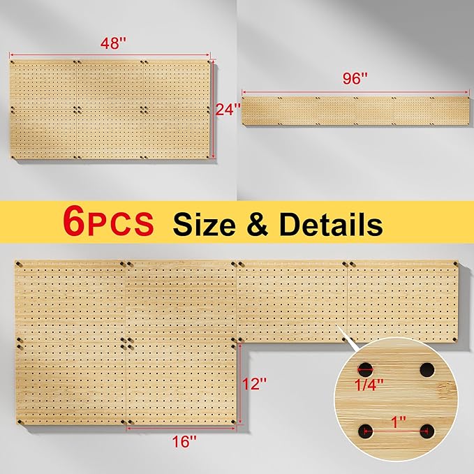 VOIMO Bamboo Pegboard Organizer Set, 6 Panels (16"x12") with 48 Hooks – Eco-Friendly Wall Mounted Storage Rack for Tools, Crafts & Office – Natural Bamboo Pegboard System with Accessories