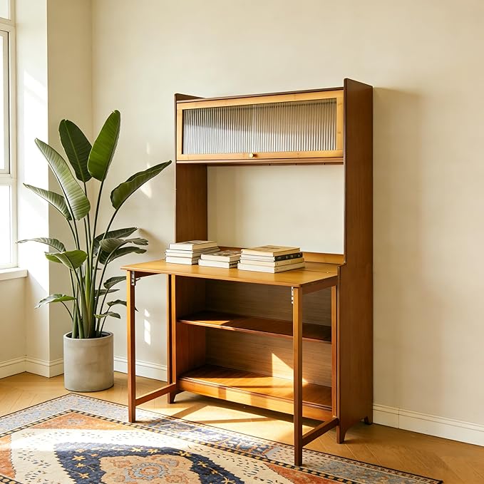 Fold-Out Convertible Office Table, Space-Saving Folding Writing Desk with Hutch & Storage Shelves, Pet-Friendly Foldable Computer Desk with Free Cat Bed for Small Spaces (Walnut1)